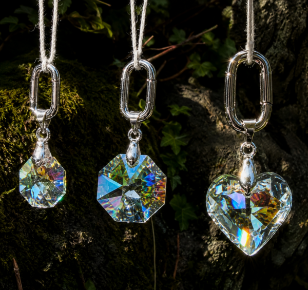 Beautiful crystal charms on silver carabiners
