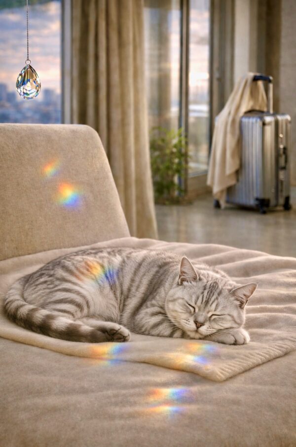 Sleeping gray cat with rainbow reflections