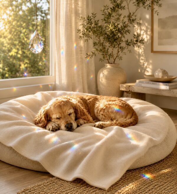 Sleeping dog on cushion with rainbow reflections