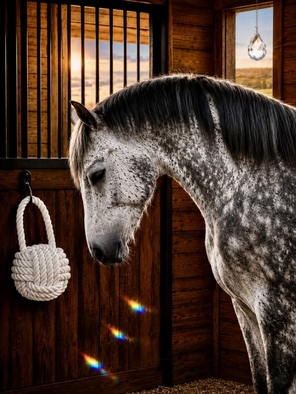 Dappled gray horse in wooden stable