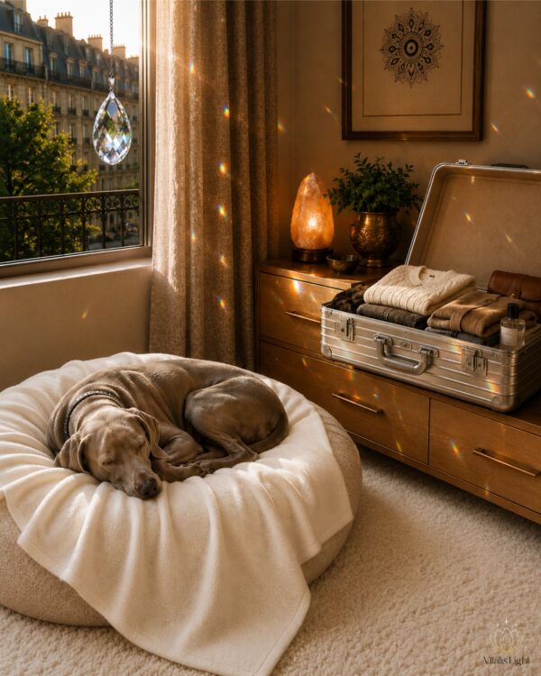 Calm relaxed beautiful dogs sleeping in luxury apartment next to open suitcase