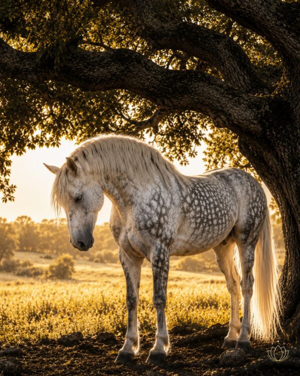 Dapple gray horse under tree dramatic lighting