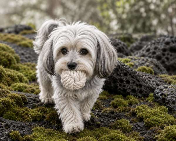 Small dog with rope ball in mouth